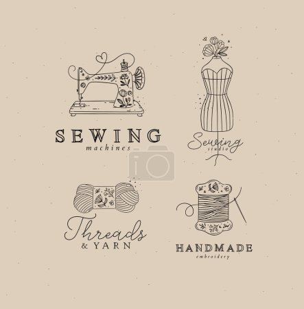 Ilustración de Máquina de símbolos de costura, maniquí, lana, hilo con dibujo de letras en estilo floral sobre fondo de color café - Imagen libre de derechos