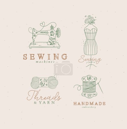 Ilustración de Máquina de coser símbolos, maniquí, lana, hilo con dibujo de letras en estilo floral con verde sobre fondo beige - Imagen libre de derechos