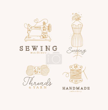 Ilustración de Máquina de coser símbolos, maniquí, lana, hilo con dibujo de letras en estilo floral sobre fondo beige - Imagen libre de derechos