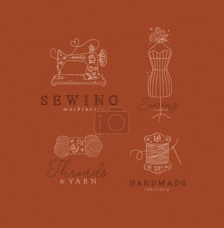 Ilustración de Máquina de coser símbolos, maniquí, lana, hilo con dibujo de letras en estilo floral sobre fondo de mostaza - Imagen libre de derechos