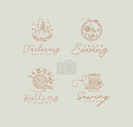 Illustration for Sewing labels pillow with needles, embroidery circle, ball and skein of thread with lettering drawing in floral style on turquoise background - Royalty Free Image