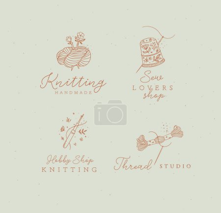 Ilustración de Elementos de costura madeja de hilo, dedal, hilo, lana, ganchillo con dibujo de letras en estilo floral sobre fondo turquesa - Imagen libre de derechos