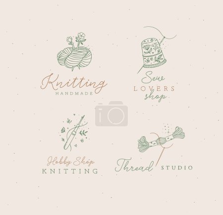 Ilustración de Elementos de costura madeja de hilo, dedal, hilo, lana, ganchillo con dibujo de letras en estilo floral con verde sobre fondo beige - Imagen libre de derechos