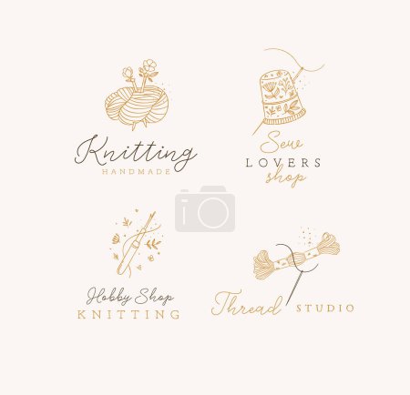 Illustration for Sewing elements skein of thread, thimble, yarn, wool, crochet with lettering drawing in floral style on beige background - Royalty Free Image