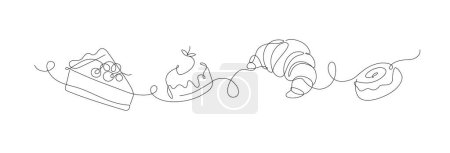 Illustration for Bakery desserts cake, croissant, cupcake linear style silhouette drawing on white background - Royalty Free Image