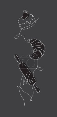 Illustration for Bakery desserts cake, croissant and rolling pin linear style vertical silhouette drawing on black background - Royalty Free Image