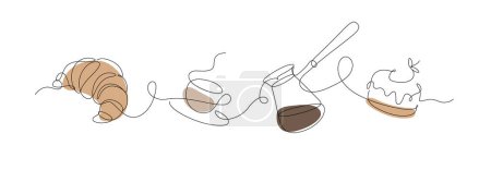 Ilustración de Pastel de postres de panadería, croissant, cafetera y taza de café dibujo de silueta de estilo lineal con color sobre fondo blanco - Imagen libre de derechos