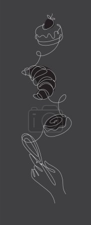 Illustration for Bakery desserts croissant, cake, bun and whisk drawing in linear style vertical silhouette on black background - Royalty Free Image