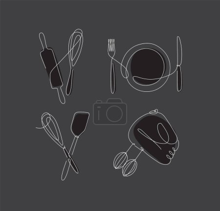 Ilustración de Aparatos de cocina rodillo, batidor, tenedor, cuchillo, placa, espátula, mezclador de dibujo en estilo lineal sobre fondo negro. - Imagen libre de derechos