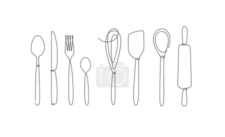 Illustration for Kitchen appliances and cutlery spoon, fork, knife, teaspoon, whisk, rolling pin, spatula drawing in linear style on white background. - Royalty Free Image