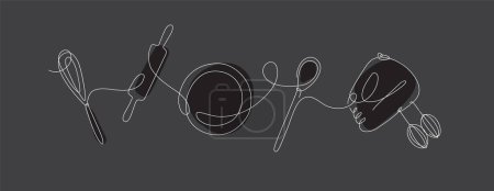 Téléchargez les illustrations : Kitchen tools whisk, spatula, plate, rolling pin silhouette drawing in linear style on black background - en licence libre de droit