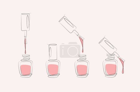 Illustration for Nails polish bottles and brushes drawing with pink color in linear style on beige background - Royalty Free Image