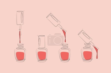 Illustration for Nails polish bottles and brushes drawing with pink color in linear style on peach background - Royalty Free Image