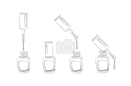 Illustration for Nails polish bottles and brushes drawing in linear style on beige background - Royalty Free Image