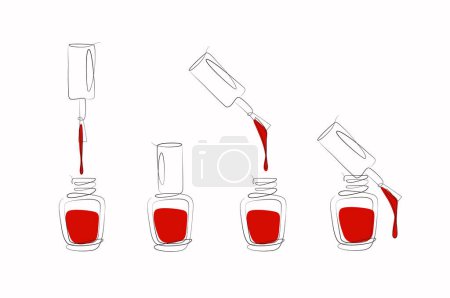 Illustration for Nails polish bottles and brushes drawing with red color in linear style on white background - Royalty Free Image