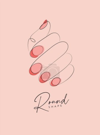 Ilustración de Woman hand with pink round nails drawing in linear style on peach background - Imagen libre de derechos