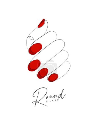Téléchargez les illustrations : Woman hand with red round nails drawing in linear style on beige background - en licence libre de droit