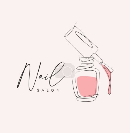 Illustration for Nail polish pink bottle with brush and lettering salon drawing in linear style on beige background - Royalty Free Image