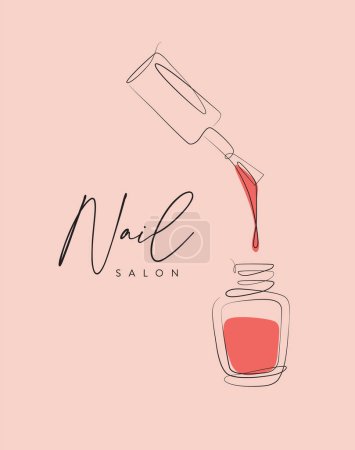 Illustration for Nail polish pink bottle lettering salon drawing in linear style on peach background - Royalty Free Image