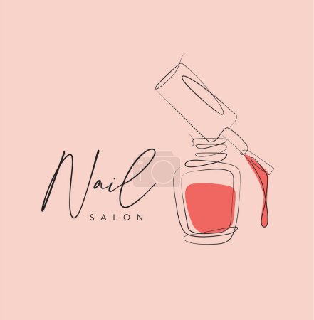 Illustration for Nail polish pink bottle with brush and lettering salon drawing in linear style on peach background - Royalty Free Image