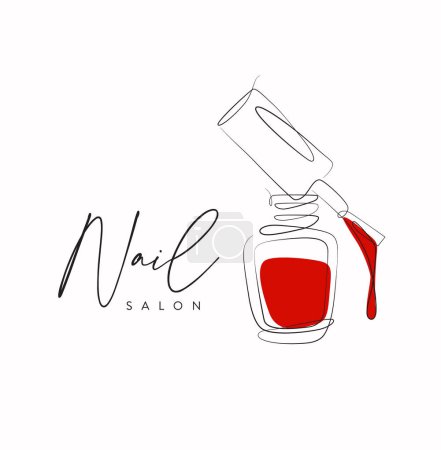 Illustration for Nail polish red bottle with brush and lettering salon drawing in linear style on white background - Royalty Free Image