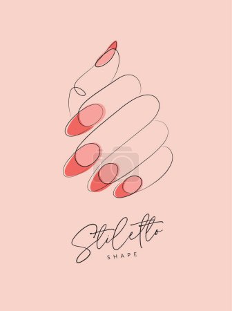 Illustration for Woman hand with pink stiletto shape nails drawing in linear style on peach background - Royalty Free Image