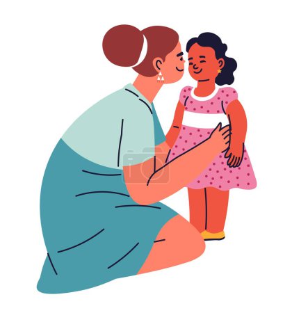 Illustration for Mom and daughter spending time together. Isolated female character with kid, woman and toddler. Mummy talking to girl wearing dress for special occasion. Family life routine. Vector in flat style - Royalty Free Image