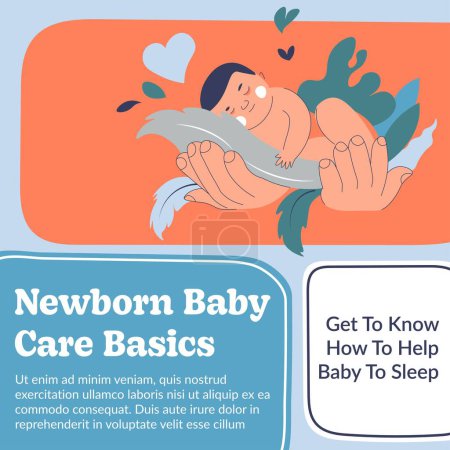 Illustration for Get to know how to help baby to sleep. Newborn kid care basics. Holding child on hands, course for parents, mothers and fathers. Parenting and motherhood rules and tips. Vector in flat style - Royalty Free Image