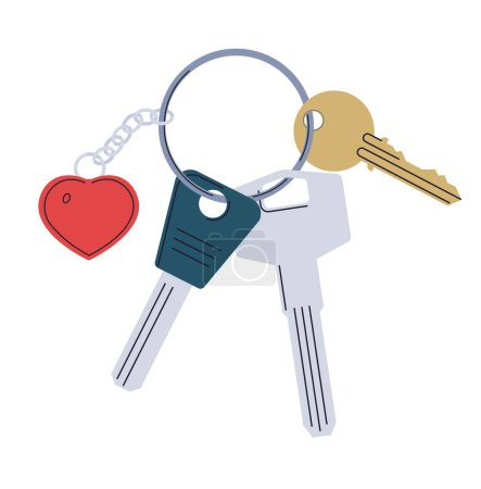 Illustration for Home Keys on Keyholder or Keychains. Modern key with pedants accessories. Real Estate concept. Rental home property. Contemporary vector illustration in flat style. - Royalty Free Image