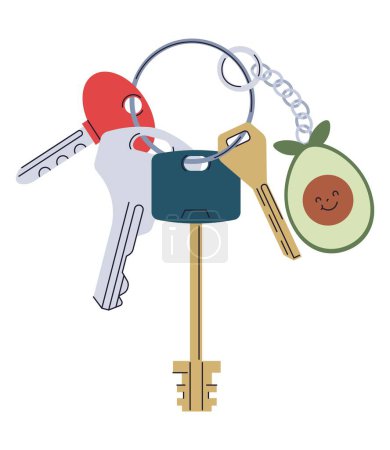 Illustration for Home Keys on Keyholder or Keychains. Modern key with pedants accessories. Real Estate concept. Rental home property. Contemporary vector illustration in flat style. - Royalty Free Image
