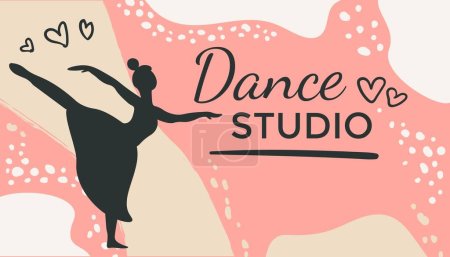 Illustration for Ballet school classes and lessons, dance studio for children and adults. Ballerina girl silhouette and hearts, calligraphic inscription. Advertisement, improving skills. Vector in flat style - Royalty Free Image