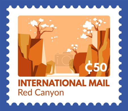 Illustration for Red Canyon postmark or postcard, international mail, and delivery express. Landscape and nature sights. Postal mark or card, mailing and correspondence stamp with price. Vector in flat style - Royalty Free Image