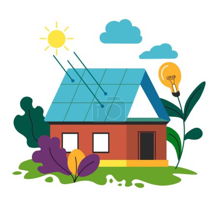 Illustration for Renewable and alternative energy production. Isolated home with solar panels accumulating natural power and getting resources. Eco friendly way of leaving, small impact. Vector in flat style - Royalty Free Image