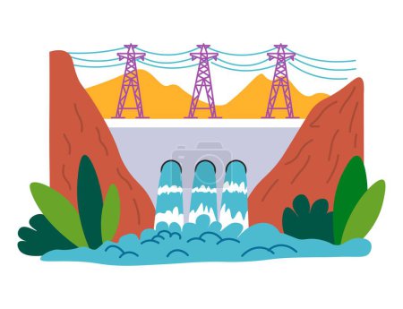 Illustration for Power of flowering water, geothermal energy accumulation and storage of energy. Ecologically friendly and sustainable alternative sources. Dam with barriers and wires cords. Vector in flat style - Royalty Free Image