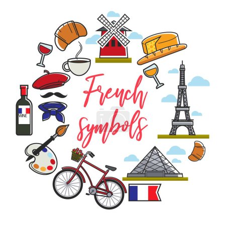 Téléchargez les illustrations : French symbols travel to France Internet template vector Louvre gallery and Moulin rouge Eiffel tower and art city bicycle and wine cheese and croissant beret and national flag tourism - en licence libre de droit