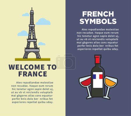 Ilustración de Símbolos franceses viajan a Francia páginas web plantillas vector Louvre galería y Moulin rouge Torre Eiffel y arte ciudad bicicleta y vino queso y boina de croissant y bandera nacional turismo - Imagen libre de derechos