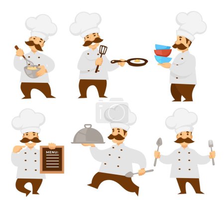 Illustration for Chief or cook in uniform menu board and cooker pizza and dough. Vector Illustration - Royalty Free Image