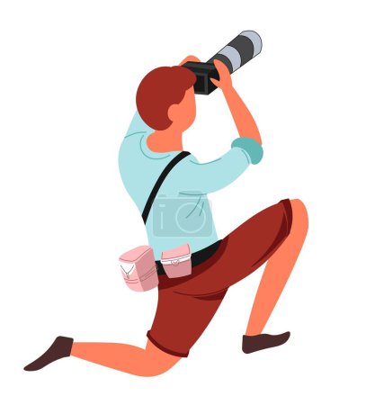 Illustration for Photographer journalist or papparazzi and photo camera vector isolated male character on knees with bags shooting or photographing. Photography and shots focus and composition professional work - Royalty Free Image