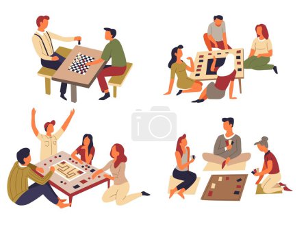 Illustration for Board games. Domino and chess table games play cards and jenga vector isolated characters teams or friends playing together entertainment leisure parent children and elderly hobby and recreation - Royalty Free Image