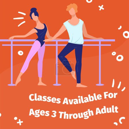 Illustration for Dancing classes for children and adults, available from age three. Improving skills an learning new movements, recommendations from teacher. Choreography and educations. Vector in flat style - Royalty Free Image