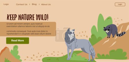 Illustration for Blog with information about species and plants. Ecological and environmental awareness. Keeping nature wild and pristine. Website landing page template, internet sites. Vector in flat styles - Royalty Free Image