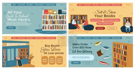 Illustration for Web banner set with online book store advertising. Flat man woman character read at library at landing page collection, vector illustration. Low prices for literature, get free delivery offer - Royalty Free Image