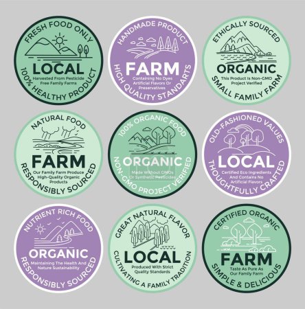 Packaging label design set for local farm product. Round colorful sticker collection with line landscape, vector illustration. Organic high quality standart food template emblem, natural production