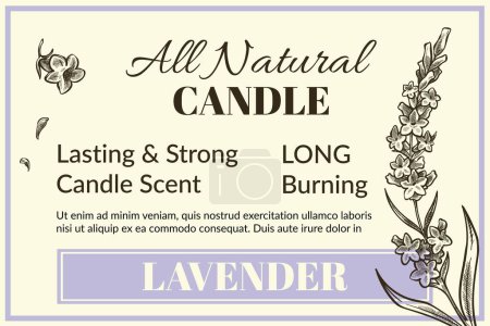 Illustration for Long burning, lasting strong candle scent, all natural ingredients and organic lavender scent. Fragrance and aroma. Monochrome sketch outline, package for product. Promo banner, vector in flat style - Royalty Free Image