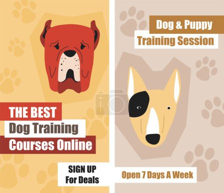 Illustration for Training session for dogs and puppies, course online for teaching new tricks. Sign up for deals, open 7 days a week. Care for domestic animal, pets and loyal friends studying. Vector in flat style - Royalty Free Image