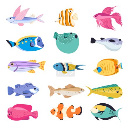 Tipos de acuario o peces tropicales, tipos aislados de especies que viven bajo el agua. Animales marinos y criaturas con aletas. Angelfish y guppy, clownfish y goldfish, nano y betta. Vector en estilo plano