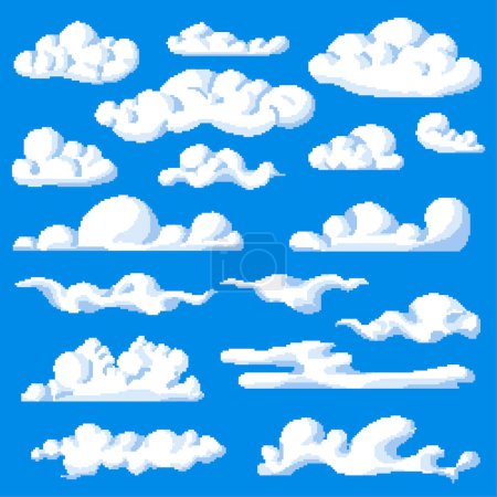 Ilustración de Paisaje nuboso Pixel, masas de nubes en el cielo azul. Iconos pixelados para la configuración del juego y el paisaje. Diseño aislado para 8 bits jugando fondo o arcade en versión retro de la vieja escuela. Vector en estilo plano - Imagen libre de derechos