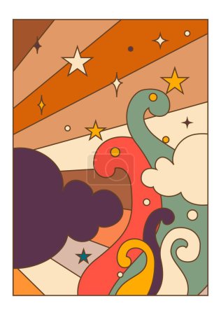 Illustration for Cartoon sky with glowing stars constellations of celestial bodies. Cloudscape and rays of sun. Fairy tale or fantasy setting, straight lines and decorative background. Vector flat style illustration - Royalty Free Image
