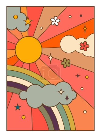 Illustration for Cartoon sky with rainbow arch and sun with rays, blooming flowers and glowing stars. Clouds and celestial bodies. Fantasy or fairy tale setting, trendy retro or vintage print. Vector in flat style - Royalty Free Image