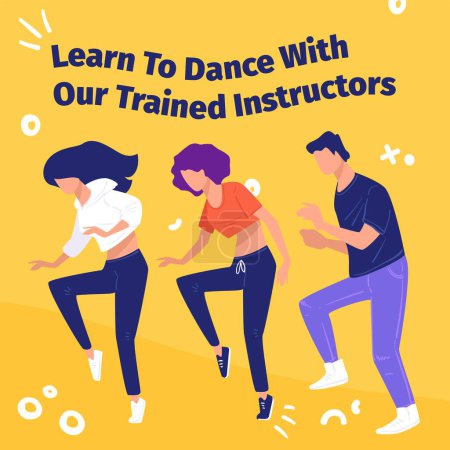 Illustration for Dance with our trained instructors, lessons and classes for everyone. People practising and studying movements, improving skills and dancing together in studio for adults. Vector in flat style - Royalty Free Image